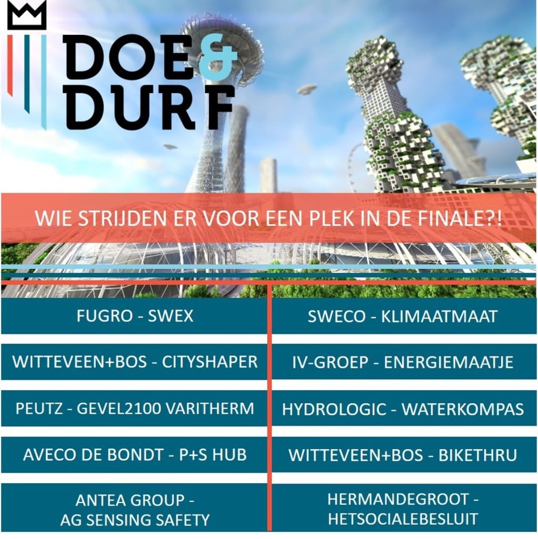 De jury is as we speak bezig om alle waanzinnige, briljante en originele inzendingen van de #DoeEnDurf teams te beoordelen! Benieuwd naar de ideeen van de deelnemende  teams? Op 11/11 staan ze online: doeendurf.nl. Op 18/11 maken we finalisten bekend. #futurecity