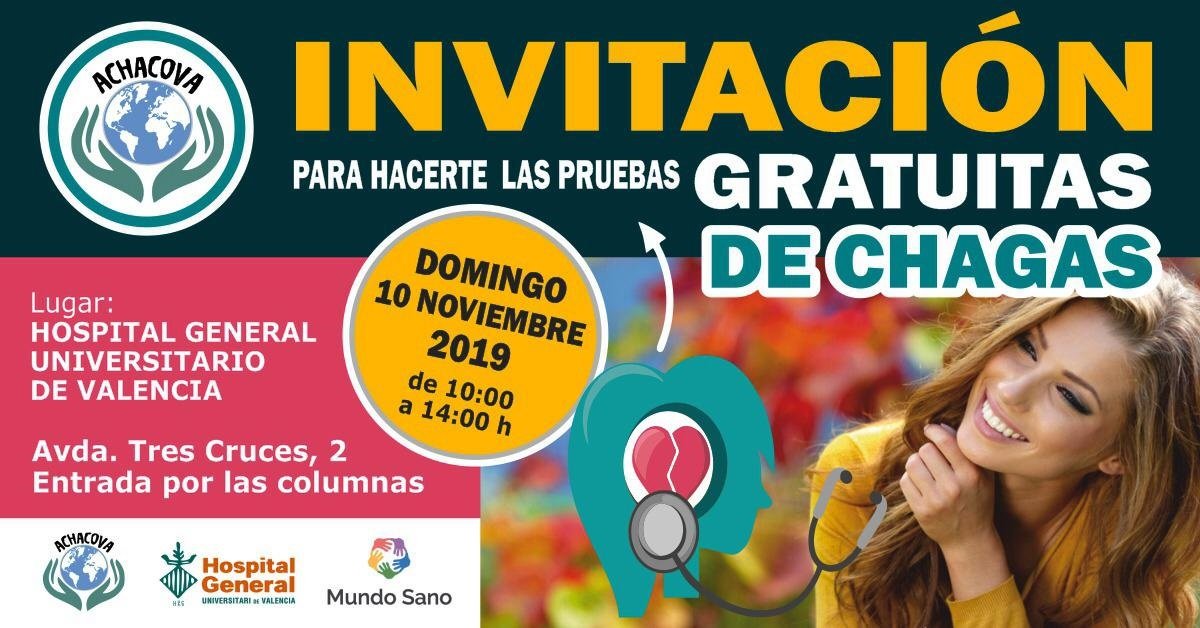 El <a href="/csp_valencia/">Centro de Salud Pública Valencia</a> apoya la jornada de detección de la enfermedad de Chagas. 

🗓️   El 10 de noviembre, de 10 a 14 horas
📝   Pruebas gratuitas y confidenciales 
🧭    Hospital General de València. 
@achacovalencia, <a href="/HGUVALENCIA/">HOSPITAL GENERAL</a>, <a href="/MundoSano/">Mundo Sano</a>