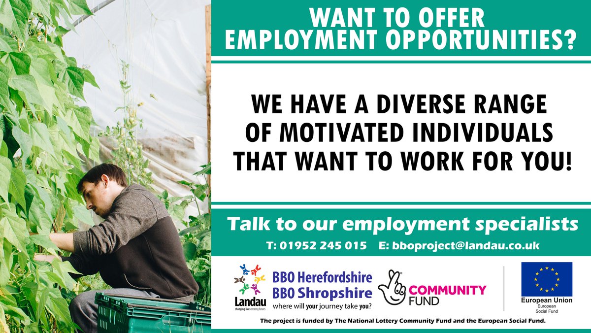 For over 20 years Landau has been linking employers to people who are keen to work but need support getting a job, we help and train these individuals into employment with our tailored, work focused approach. 

#Employment #TNLComFundESF #Charity #Shropshire #Herefordshire #BBO