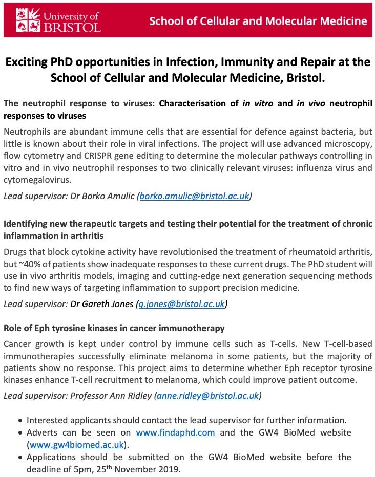 PhD opportunities in infection, immunity and repair with <a href="/Gareth_Jos/">Gareth Jones</a>, Borko Amulic and Anne Ridley <a href="/cmmBristol/">School of Cellular and Molecular Medicine🏳️‍🌈😷</a>. Find out more and how to apply at gw4biomed.ac.uk