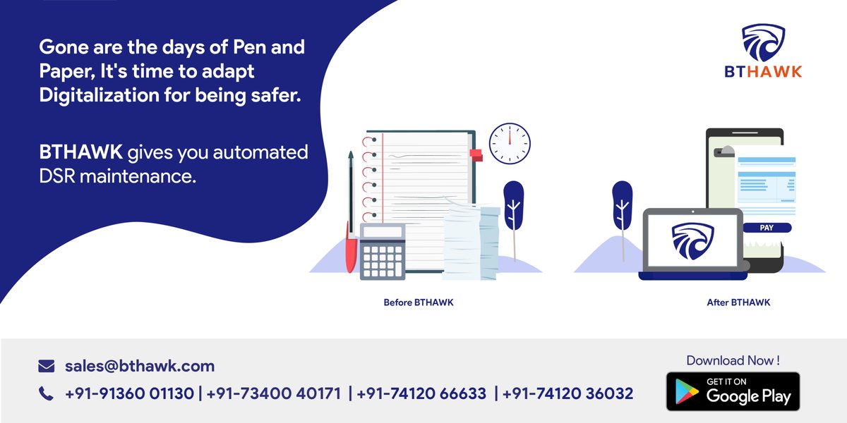 Gone are the days of Pen and Paper, It's time to adapt Digitalization for being safer.
BTHAWK gives you automated DSR maintenance. 
#DSRMaintenance #BillingProcess #GSTCalculations #GSTN #AccountingProcess #InventoryTracking #GSTAccountingSoftware #GSTBillingSoftware #GSTBilling