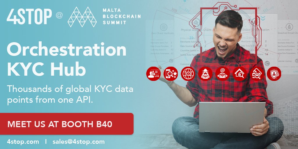 FourStop's tweet photo. Leverage #Orchestration #KYC hubs to maximise #customerengagement. Expand #data with hundreds of the world’s best #KYC services backed behind enriched #fraudprevention &amp; transaction monitoring. Visit Booth B40 at #MaltaBlockchainSummit or https://t.co/nY7Sk1YMkw https://t.co/O5di4q6Rsm