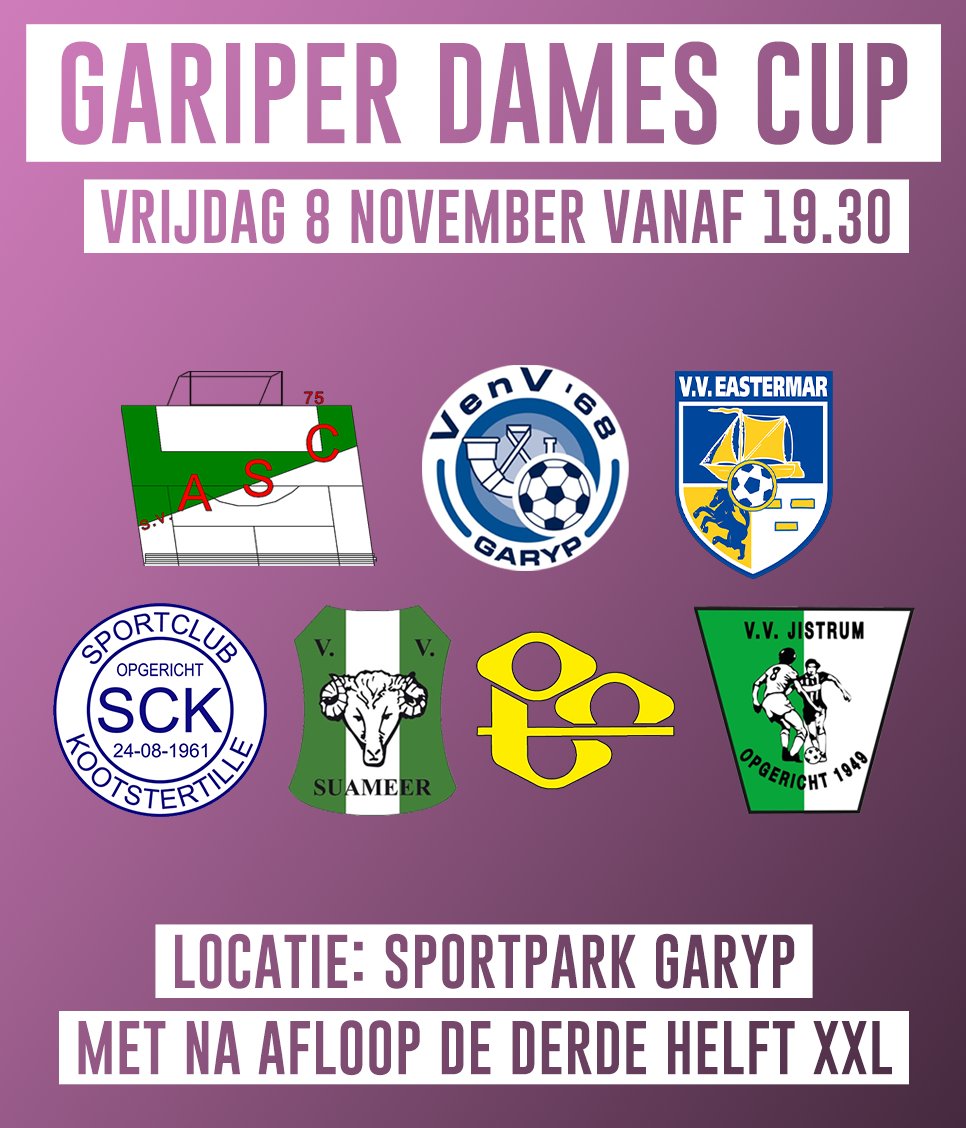 📆 Vrijdag 8 november 2019
⚽ Gariper Dames Cup
⏱ 19:30
🏟 Sportpark Garyp

Met na afloop de derde helft XXL in onze sfeervolle kantine!