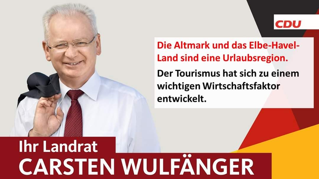 Landrat Carsten #Wulfänger kämpft #mitLeidenschaft für mehr Tourismus als einen wichtigen Wirtschaftsfaktor im Landkreis Stendal. #CDU

Am 10. November 2019 ist Landratswahl. Gehen Sie wählen! Wählen Sie Carsten Wulfänger!