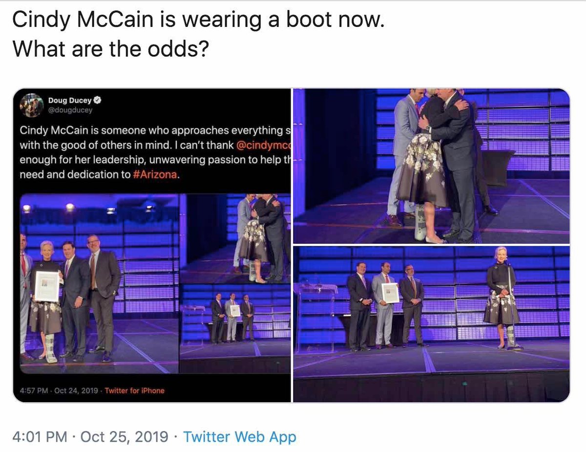 3) It is widely believed that the McCains were involved in trafficking in AZ. Here is Cindy McCain sporting her pedo swirl, as well as the tell tale medical boot that suggests she has an ankle monitor. McStain abandoned his first wife to marry into this major crime family.