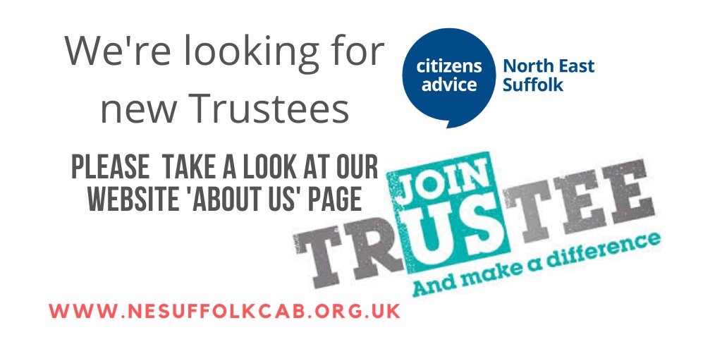 We're looking for new volunteer Trustees to support our charity's work in north east #Suffolk (we've some jobs too!), all details on our website <a href="/EastSuffolk/">East Suffolk Council</a> #lowestoft #beccles #bungay  Treasurer and Chair opportunities