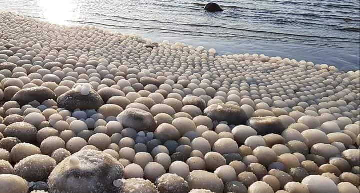 Thousands of rare ice eggs cover beach in Finland