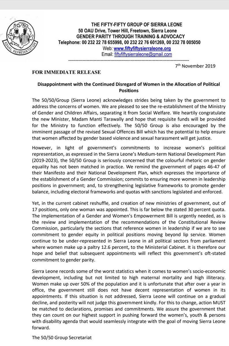 5050_SL's tweet photo. @GlobalFundWomen *****Following the cabinet reshuffle of the President of Sierra Leone the global headquarter of the 5050 group  releases a statement  expressing their concern about the direction of the government towards the lack of acceptable  female representation in his government. https://t.co/iWZbjoI9Yp
