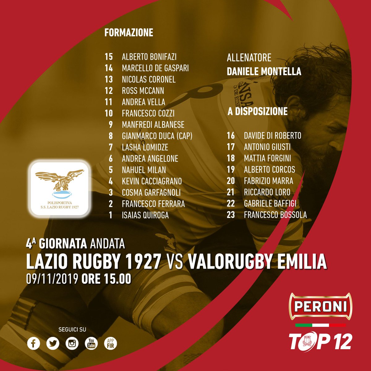 🔴 #PeroniTOP12: @LazioRugby1927 alla ricerca di punti, nel match casalingo con il @valorugby ➡ tinyurl.com/y5ty7br5 #rugbypassioneitaliana