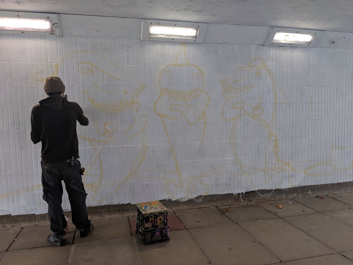 PlymouthCAB's tweet photo. Fantastic to welcome lots of press to the beginning of @JONLILLY spraying our @LoanSharkNews mural at North Cross Subway. 

We are looking forward to the community volunteers joining us this afternoon and tomorrow to spray the colour ahead of the unveiling on Sunday at 2.30pm https://t.co/5kJQXoXwDp