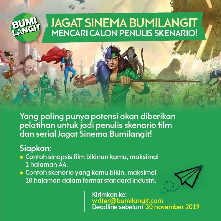 Teman-teman yang punya cita-cita jadi penulis skenario, ini adalah kesempatan emas. Tunjukkan kalian punya yang kami cari. 

Jagat Sinema Bumilangit. 

Sekarang. Tunggu apa lagi? 

#penulisBCU 

Please RT supaya yang punya bakat ditemukan. 🙏