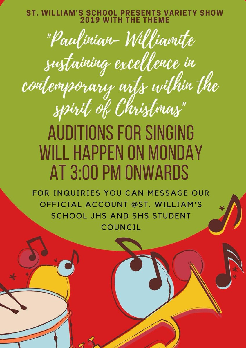 SWSSC1920's tweet photo. Singing auditions is now open! 
We are holding a singing auditions for those talented williamites on Monday, November 11, 2019 from 3pm onwards. Please bring your own accompaniment or minus one. You can audition as solo, duo, trio or group. https://t.co/a2dP16zzsU