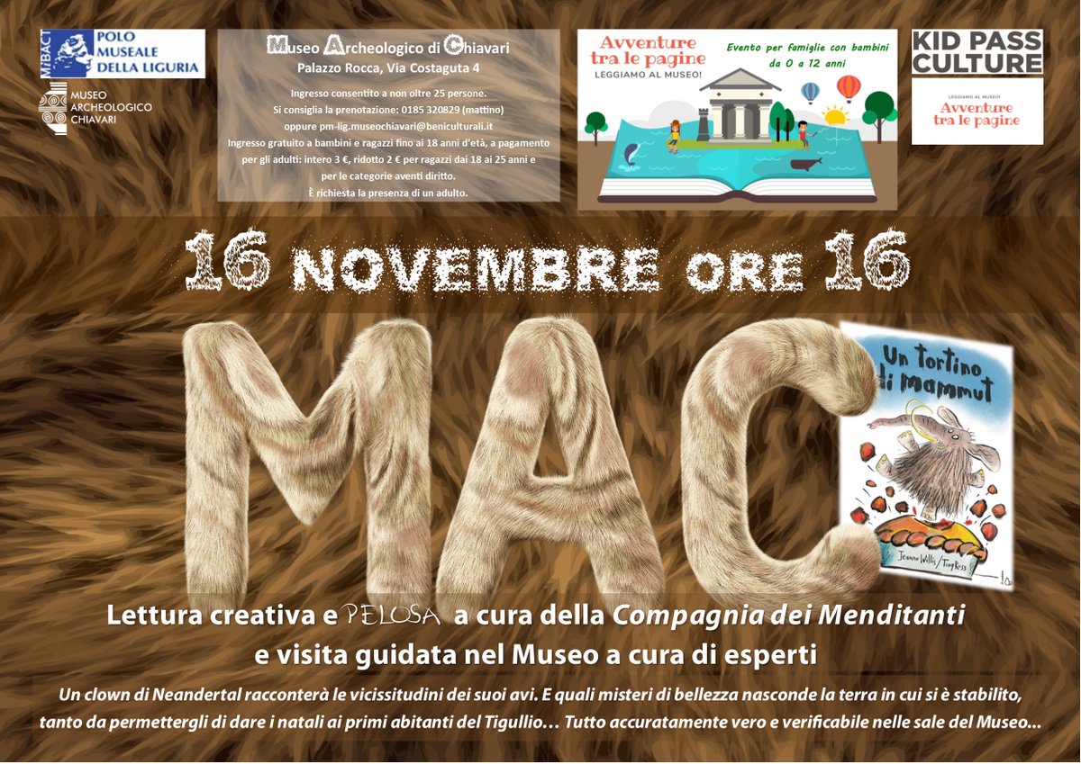 SABATO 16 NOV ORE 16
"Avventure tra le pagine – Leggiamo al museo!" promossa dall’associazione Kid Pass Culture e dal portale Kid Pass

#leggiamoalmuseo   #sistameglioquiconnoi   #archeolibri  #TesoridiLiguria   #museitaliani  #pelosiesimpatici  #leggoescavodentrodime