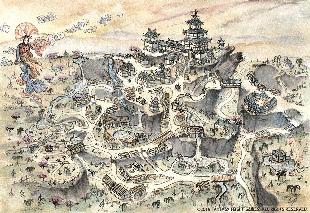 Here's my #map of 'Kyuden Asako' painted for #LegendOfTheFiveRings #RPG 'Courts of Stone' #guide  🏯
©2019 #FantasyFlightGames. All Rights Reserved.
--
#L5R #cartography #FFG #worldbuilding #Rokugan #illustration #castles #mapping #roleplaying #game <a href="/FFGames/">FantasyFlightGames</a> #fantasyart