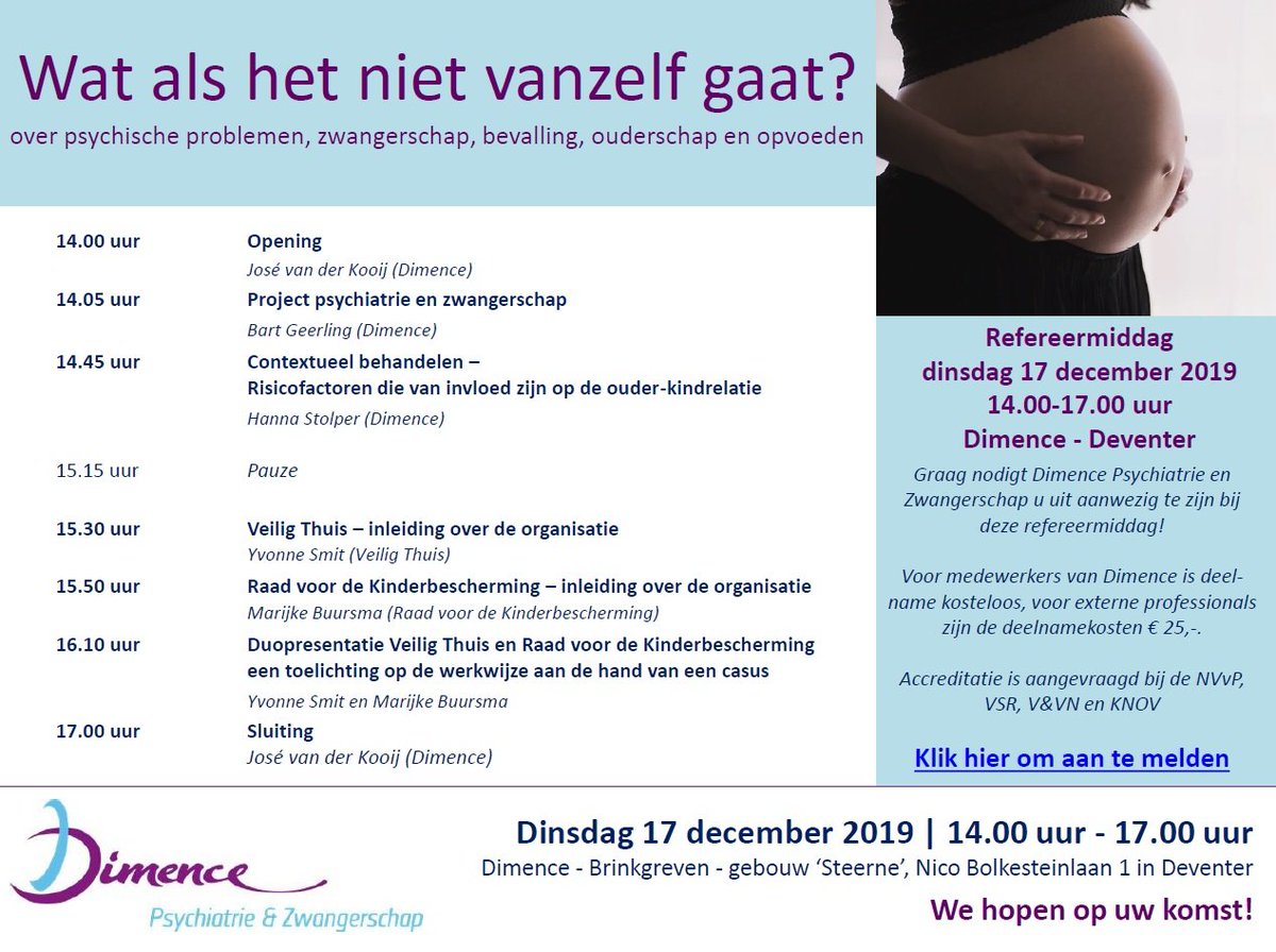 DimencePZ's tweet image. Op dinsdag 17 december organiseert Dimence Psychiatrie en Zwangerschap in Deventer een refereermiddag met als thema 'Wat als het niet vanzelf gaat? Over psychische problemen, zwangerschap, bevalling, ouderschap en opvoeden'. Aanmelden kan via kenniskringbijeenkomsten.dimence.nl/content/aanmel…