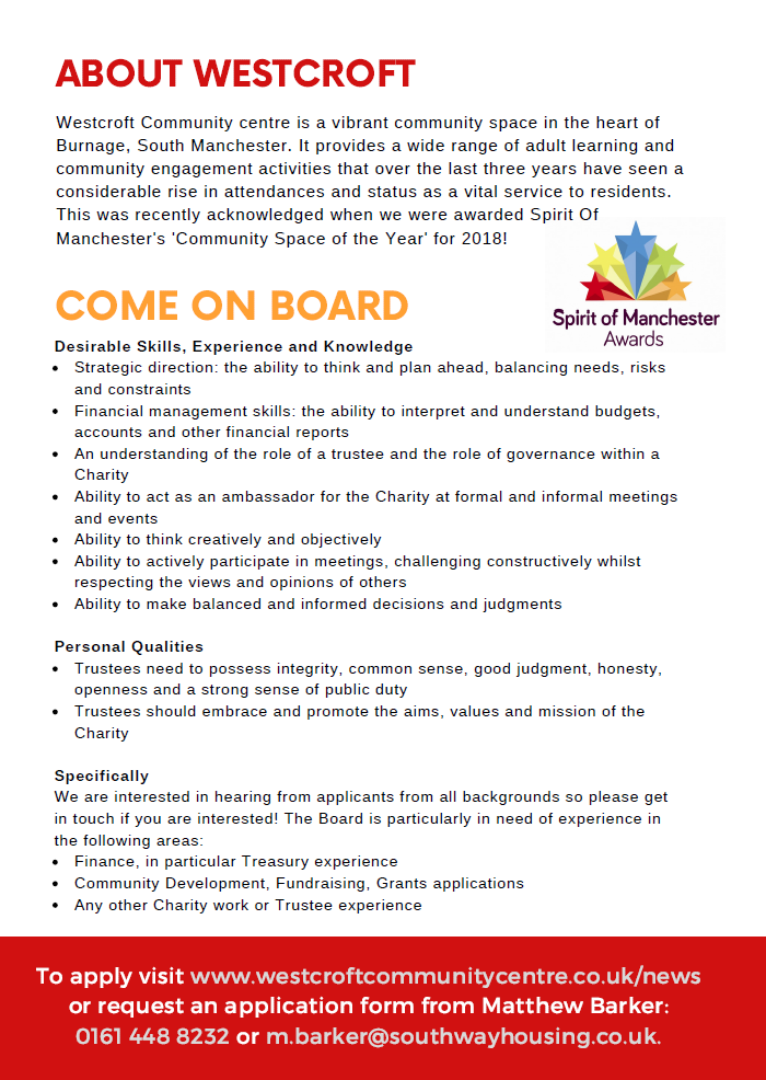 This #TrusteesWeek we'd like to say a big thank you to our Board of Trustees for the vital work they do for the centre!

And we're currently looking for more!

Would you like to help a growing #Burnage Hub to thrive and meet the needs of local people? Please get in touch or share