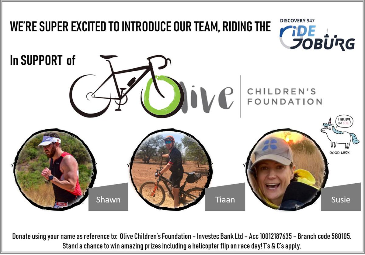 OliveChildrens's tweet photo. And the last three riders in the Olive team are here! Thank you all for your incredible support in riding the @947RideJoburg with a purpose! Now get some rest and energy stored up! https://t.co/mJqXXyz460