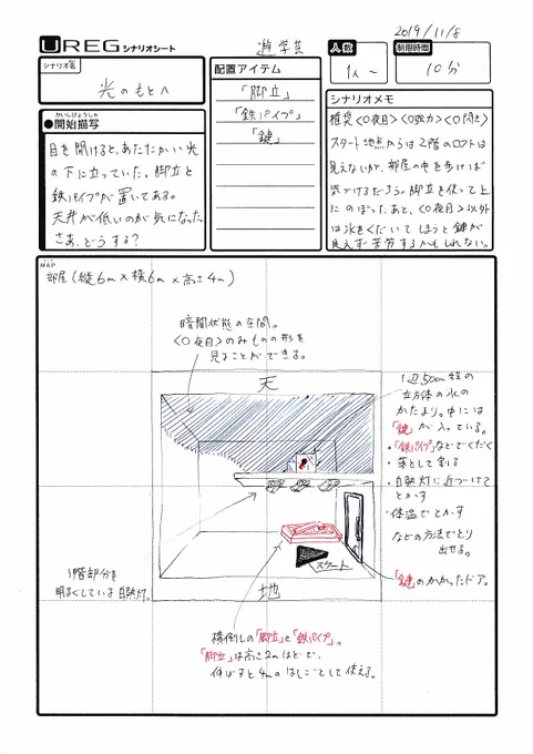 【#1日1アレグ 16日目 】 目を開けると、あたたかい光の下に立っていた。脚立と鉄パイプが置いてある。天井が低いのが気になった。さあ、どうする?  【#脱出ゲーム】 #ゲムマ2019秋 #ゲムマ #ゲームマーケット #UREG #装いの魔王城 #TRPG 