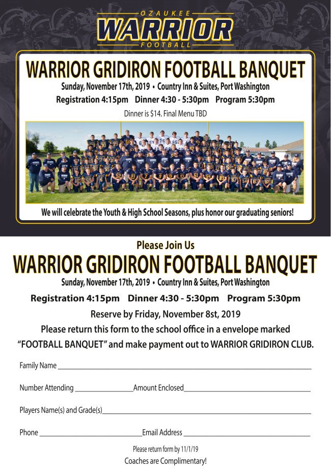 OzaukeeFootball's tweet photo. Today is the deadline to get your Banquet forms turned in at school! https://t.co/LGWYkK9bVu https://t.co/1gfNAff7FF