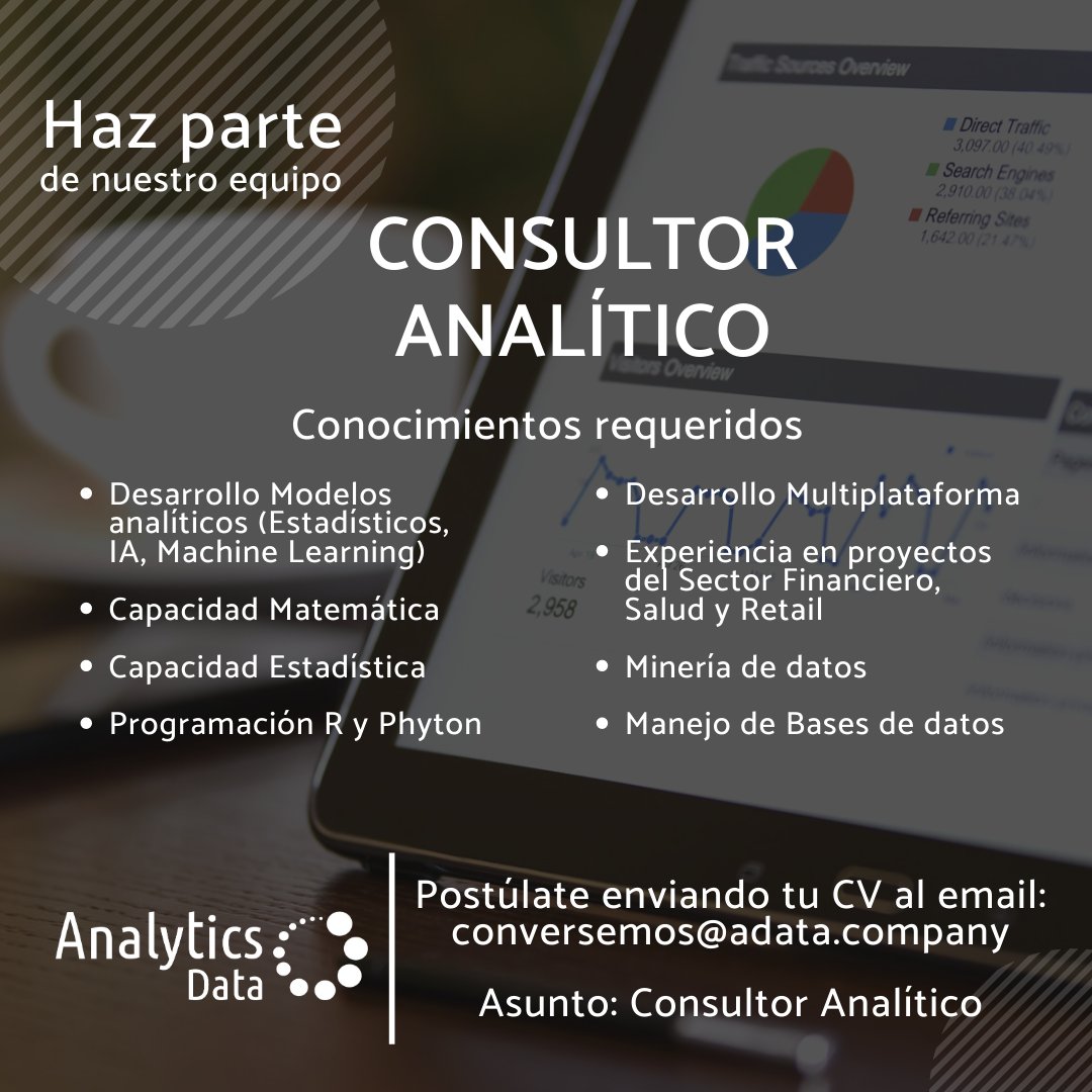 AnalyticsDataCo's tweet image. 📣 Haz parte del equipo #AnalyticsData
Buscamos tu talento, etiqueta a tus referidos, comparte o envíanos tu CV a: conversemos@adata.company
#OportunidadLaboral #TrabajoSiHay #Tecnología #Colombia
#Analítica
@Guia_TIC @CarteleraCursos