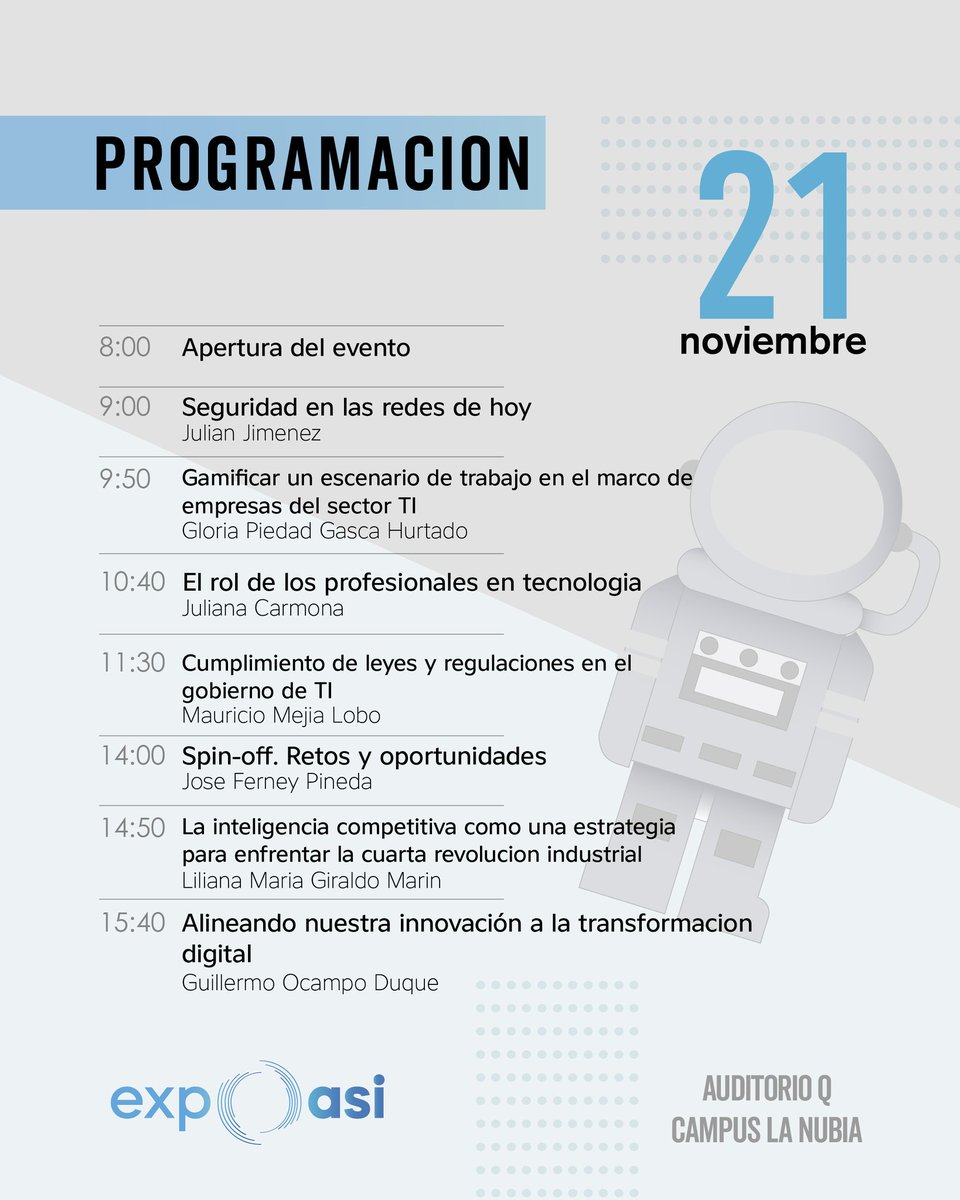 Se acerca nuestro gran evento y queremos compartirles la programación oficial. Impulsa tu desarrollo profesional🚀
Inscríbete!👨🏻‍🚀
ticketcode.co/eventos/expoas…