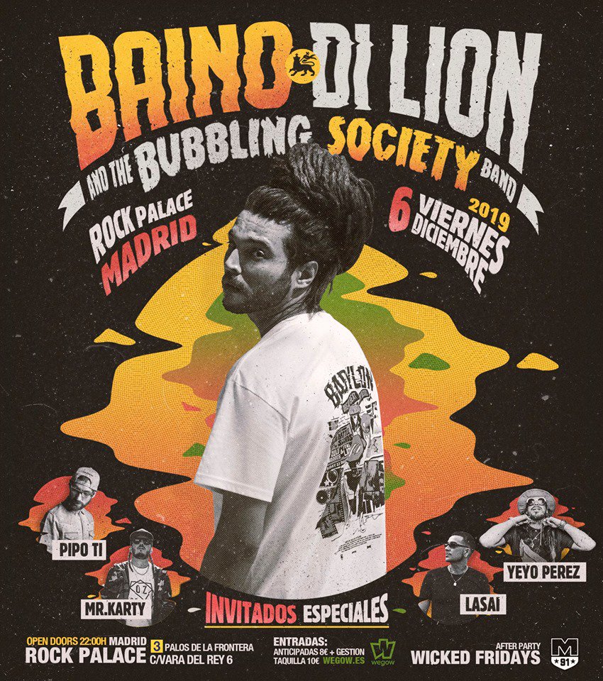 💣🗓️¡<a href="/Bainodilion/">Baino dilion</a> &amp; <a href="/BubblingSociety/">Bubbling Society</a> en #Madrid el 6DIC!
Vienen acompañados de invitados especiales como <a href="/Pipotimusic/">Pipo Ti</a> <a href="/Mrkarty/">Mr Karty</a> <a href="/LasaiMuzzik/">LASAI</a> <a href="/yeyo_perez/">Yeyo Perez Mad City</a> !
Será una noche cargada de mucho #reggae🇬🇳🔥en <a href="/RockPalace/">Rock.Palace</a>!
Consigue tus entradas en <a href="/wegowES/">wegowes</a>🎟️
#Afterparty #WickedFridays