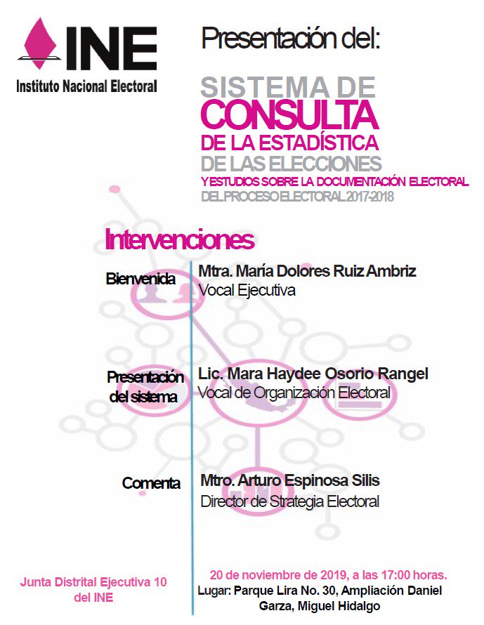 📅 Miércoles 20, a las 5:00 de la tarde, les esperamos en @INEMigueHidalgo. Donde @aram_jl y @EspinosaSilis les presentaran y comentaran las estadísticas electorales y estudios muestrales de las pasadas #Elecciones2018