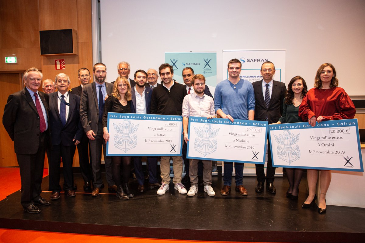 Polytechnique's tweet photo. .@Polytechnique et la @FX_EP félicitent les trois lauréats du prix #Gerondeau - @SAFRAN : @in_bolt, @Neolithe_FR  &amp; Omini 👏🏆 Les lauréats sont récompensés pour leurs innovations dans les domaines de l'industrie, du #traitementdesdéchets &amp; de la #santé ➡️ https://t.co/Hv2hULJsMF https://t.co/4ELx7y6EMm
