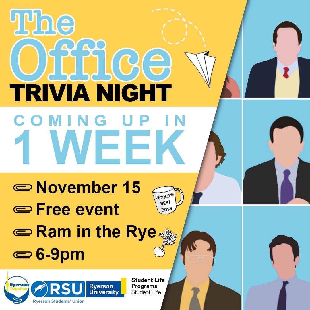 RyersonTOgether's tweet photo. There’s only one week left before The Office Trivia Night! We are very excited — almost as excited as Michael when Toby was leaving! Go to our bio to register your teams. All funds collected for this event will be donated to services that help people experiencing homelessness! https://t.co/74zHQhmm4P