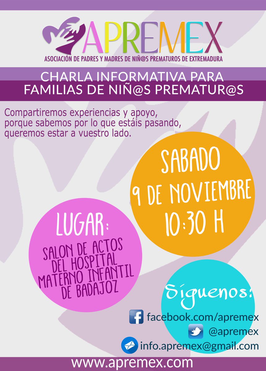 apremex's tweet photo. #Badajoz Nos vemos mañana, salón d actos del hospital #MaternoInfantilBadajoz, 10:30 H., para presentar nuestra asociación #APREMEX a las familias, de la mano de Lorena y Luis, y ofrecer experiencias y apoyo para quienes han vivido la realidad de la #prematuridad. ¡Os esperamos! https://t.co/flmAIYeNvB