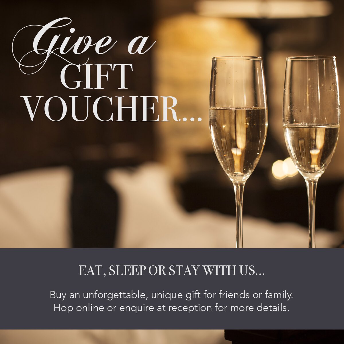 🎄#ChristmasCountDown in-bound

Why not Gift a #GiftVoucher ?

🐾 NEW - Dog Stay &amp; Photo Shoot 📸
🥂Champagne Afternoon Tea
🍂 NEW Relax &amp; Retreat Break
🍽 Sunday Lunch for 2
🍷Monetary Gift for a drink &amp; a meal

🎁Hop online to buy: bit.ly/2qDoyWM

#ChristmasGifting