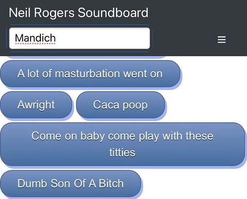 NeilRogersRadio's tweet photo. 🔥 UPDATED: The NEIL ROGERS Soundboard now has a filter. Search on Title or Artist.
https://t.co/BJWrI2kBtQ
Code freely available for all on GitHub. https://t.co/kq4MS6qQTU