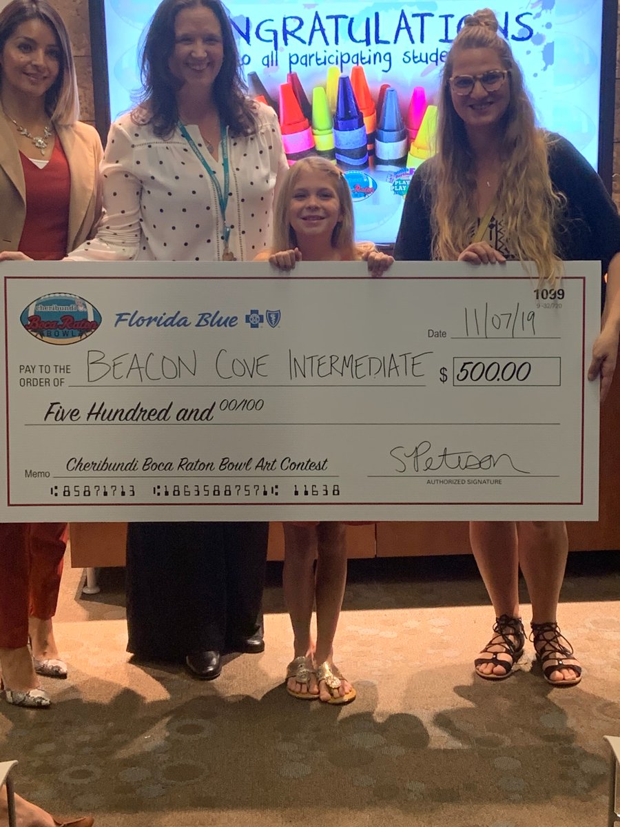 Congratulations Lila McKenzie and Mrs Guinn 1st place winners in the Boca Bowl Art Contest...you make Beacon Cove Proud!!!!