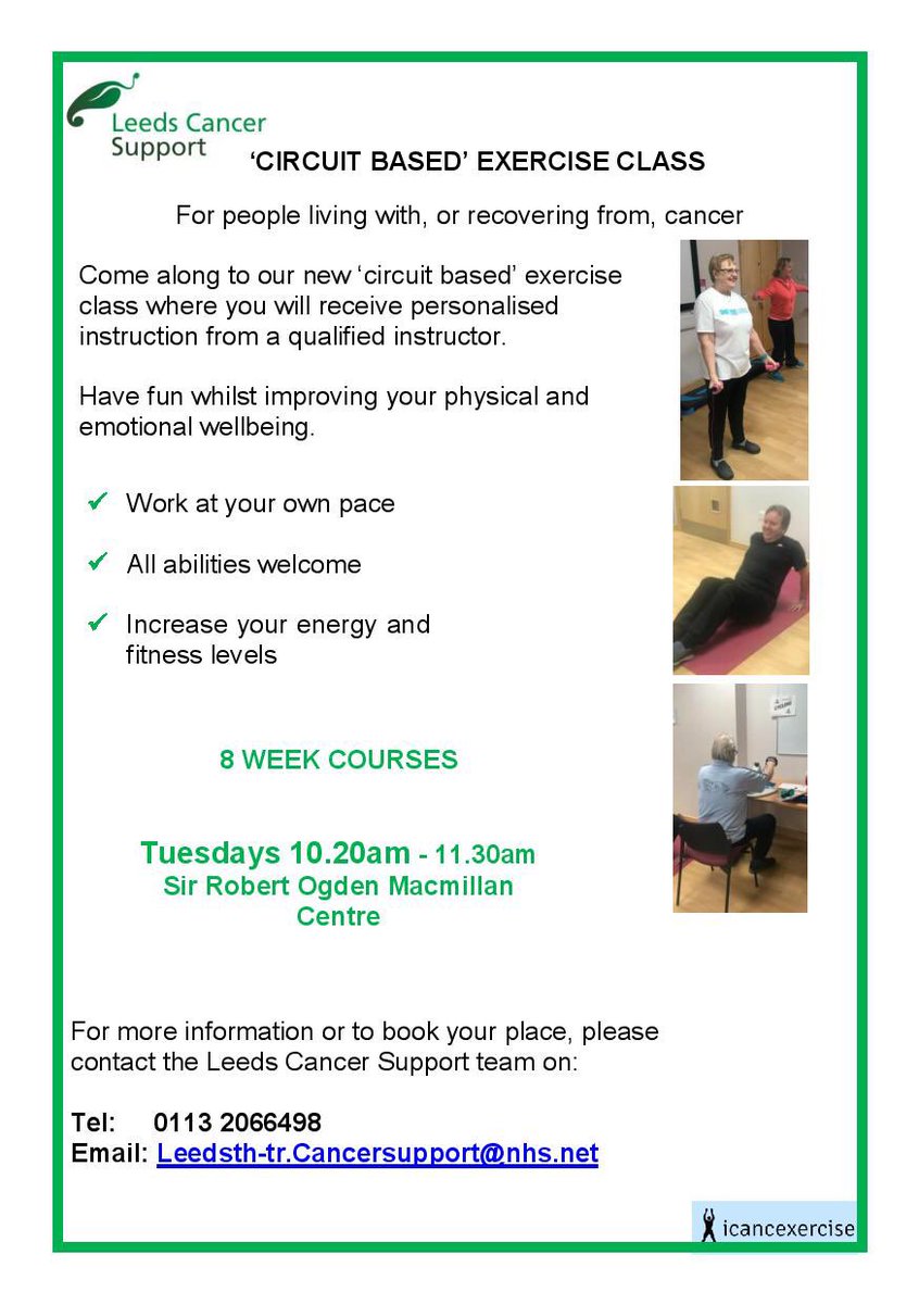 LeedsCancerSup's tweet image. There’s still spaces!!

Our Circuit-based exercise class starts again next Tuesday 12th November over at the Sir Robert Ogden Macmillan Centre. 

If you’d like to book a place, please contact Leeds Cancer Support on Tel: 0113 2066498 #LeedsCancerSupport #Leeds #Exercise