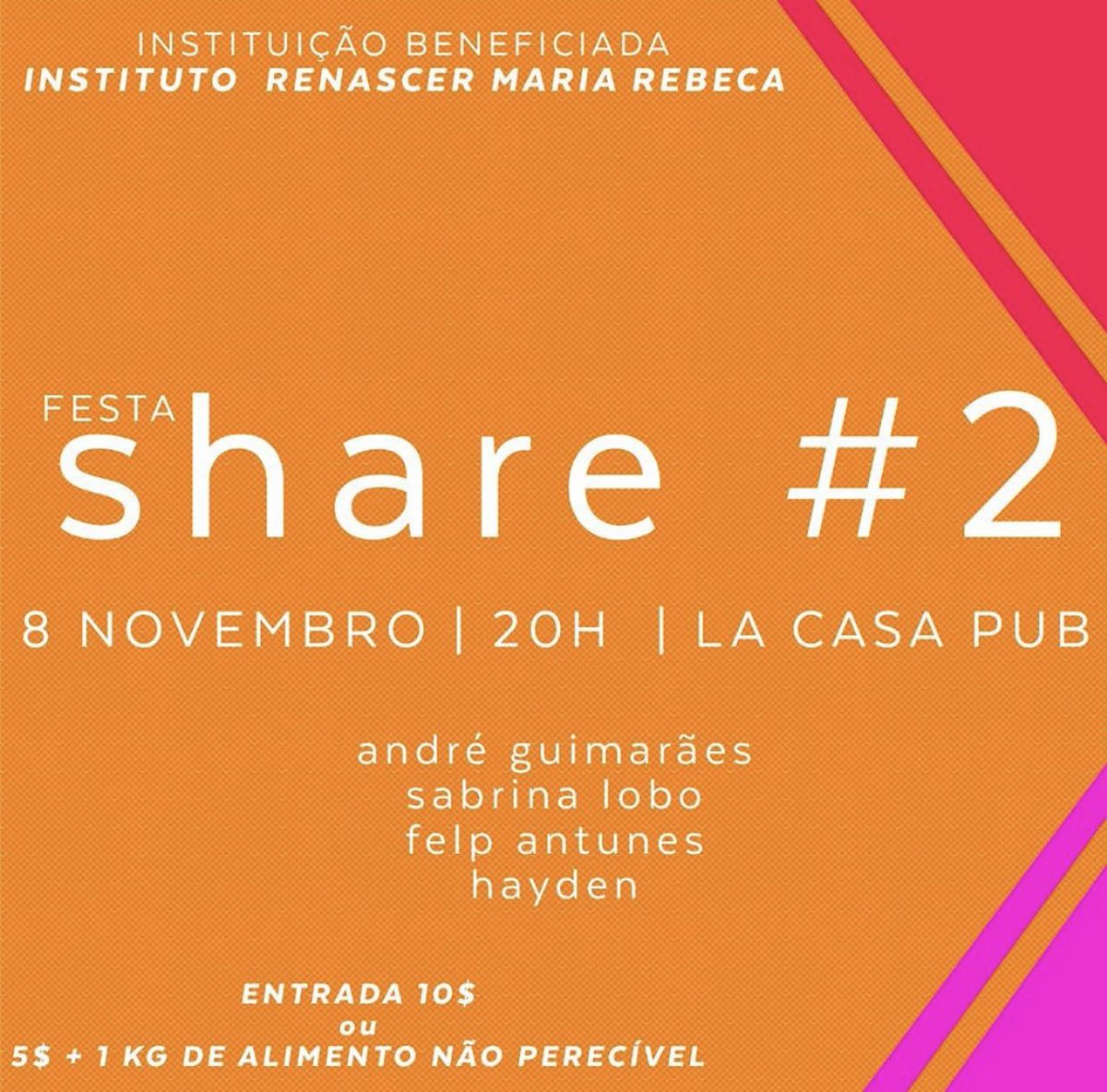omafreire's tweet photo. Deus disse “faça por onde, e eu te ajudarei”, então bora fazendo! Hoje tem #Share2 no #LaCasa 20h | Entrada custa $10 ou $5 + 1kg de alimento, a festa vai ajudar o Instituto Ranascer, que tem suas atividades voltadas p/ auxiliar famílias em situação de vulnerabilidade https://t.co/v7T50oB7jZ