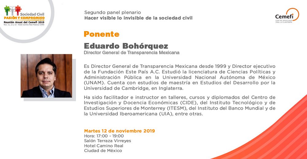 Eduardo Bohórquez estará presente en el panel "Hacer Visible lo Invisible de la Sociedad Civil", en la Reunión Anual del Cemefi, Sociedad Civil: Pasión y Compromiso. mtr.cool/binzzbugpg #ReunionCemefi #Cemefi #AportesOSC