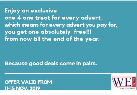 wefmng's tweet photo. To mark our comeback, we are offering an exclusive advert deal for a limited time period.
From 11th-15th Nov. 2019.
This is to say thank you for your loyalty. 

#Wefmng 
#RewardForLoyalty
#TellaFriend https://t.co/57nDEXx64K