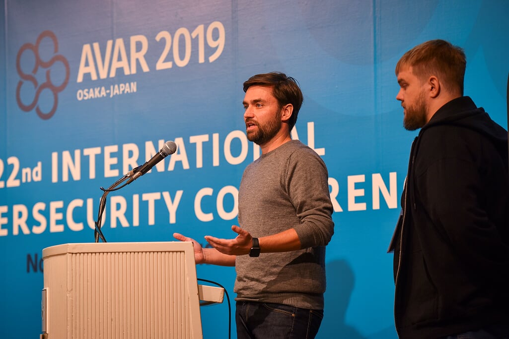 ESET's tweet photo. ESET's very own @cherepanov74 and @jiboutin spoke today at the #AVAR2019 #cybersecurity conference about Buhtrap metamorphosis: From cybercrime to cyberespionage. Read the full @ESETresearch here: https://t.co/J43cilNHUH https://t.co/bE8ZYdUrUB