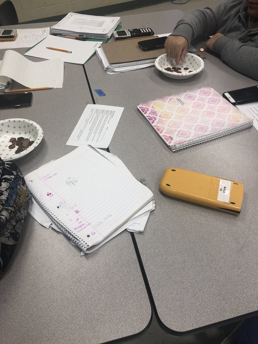 KHCollinsMath's tweet photo. Mr. McGee’s Math 3 class simulating work problems by grabbing pennies from a bowl separately &amp; then together; doing the math to project work times to see how close they got to the real work time! @WjhsNc #simulationsrock #WestJRocks https://t.co/D2MCeb7M4w