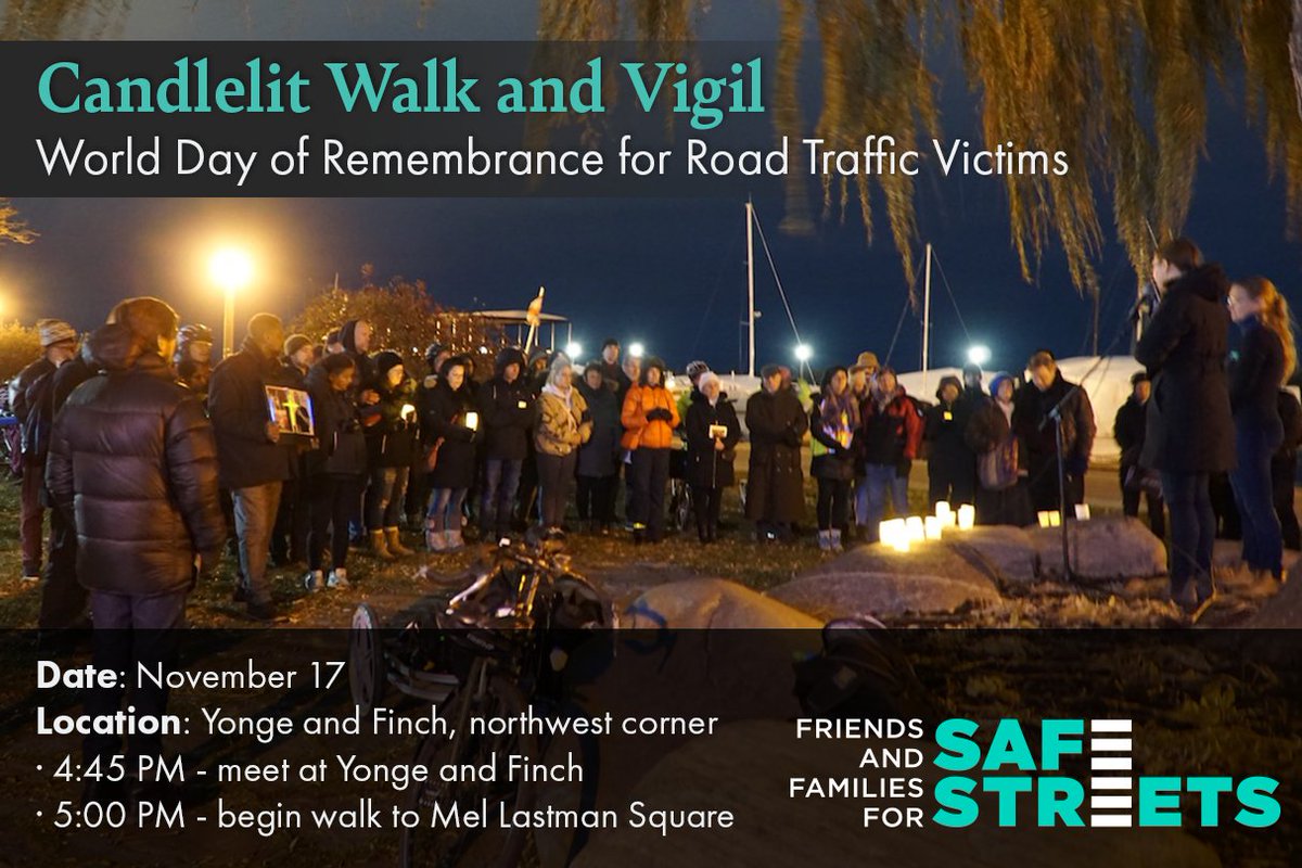 FFSafeStreets's tweet image. Join us on Nov 17 for the World Day of Remembrance for Road Traffic Victims. Show your support for making our streets safer—across Toronto. #VisionZeroTO #TODeadlyStreets #TransformYonge
 
🗓 Date: Nov 17
📍 Location: Yonge &amp;amp; Finch
🕔Time: 4:45 PM
 
RSVP: facebook.com/events/3740730…
