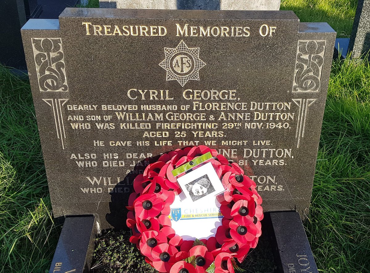 ChesterFireStn's tweet photo. Firefighters from Green &amp; Red Watch's,  laid a Poppy Cross in the Garden of Remembrance to Remember Fireman Cyril George Dutton.   He was killed on duty 29th Nov 1940  in Foregate Street Chester fighting the Blitz.  Later a Poppy Wreath was laid at his Grave.  Lest we Forget https://t.co/rHeGXQQUae
