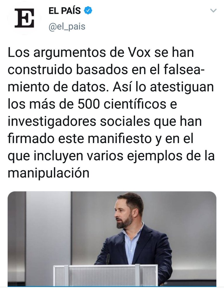 Bendita_Ciencia's tweet image. ⛔ BULO de @el_pais, @laSextaTV...
"Los argumentos de @vox_es se han construido basados en el falseamiento de datos. Así lo atestiguan... científicos e investigadores sociales..."

❌ FALSO: El manifiesto no está firmado. Utilizan un formulario de Google.
docs.google.com/forms/d/e/1FAI…