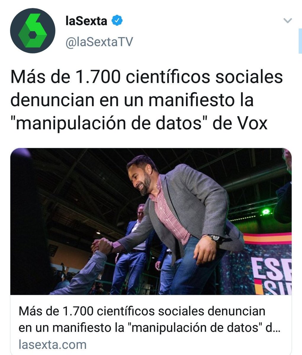 Bendita_Ciencia's tweet image. ⛔ BULO de @el_pais, @laSextaTV...
"Los argumentos de @vox_es se han construido basados en el falseamiento de datos. Así lo atestiguan... científicos e investigadores sociales..."

❌ FALSO: El manifiesto no está firmado. Utilizan un formulario de Google.
docs.google.com/forms/d/e/1FAI…