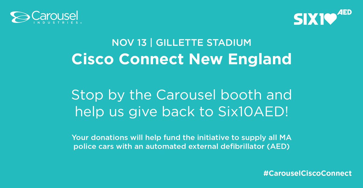 markdamphousse's tweet image. Proud to support SIX10 AED during #CiscoConnect New England to help put defibrillators in police vehicles. Donate with Venmo to @ six10aed and we’ll match all contributions! #philanthropy #givingback @Cisco #CarouselCiscoConnect
