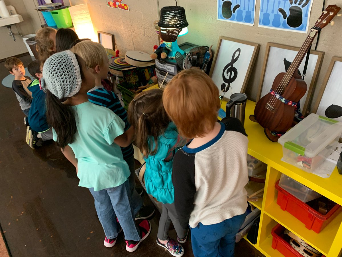 First grade having fun with their "Found Sounds..." Nothing like a chopstick and a music room full of stuff! #MusicClassFriday