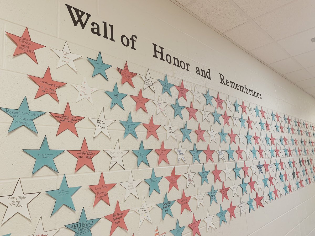 Our “Wall of Honor and Remembrance”. Each student had the opportunity to write the name of a veteran or active military family member on a star to honor them for Veterans’ Day. #respectful #responsible #motivated #mycabellschools #beawesomecabell