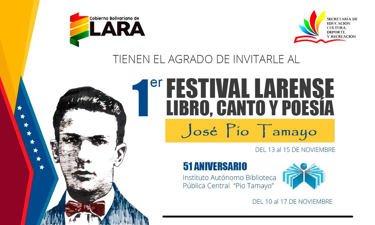 #8Nov El <a href="/gobiernodelara/">gobiernodelara</a> invita al pueblo #larense al aniversario 51 de la sede @bibliopiotamayo a celebrarse este dom #10Nov de 9am a 12m. Contaremos con agrupaciones musicales regionales para el deleite de los asistentes ¡Asiste, entrada libre! <a href="/NicolasMaduro/">Nicolás Maduro</a> #UnidosPorTiLara