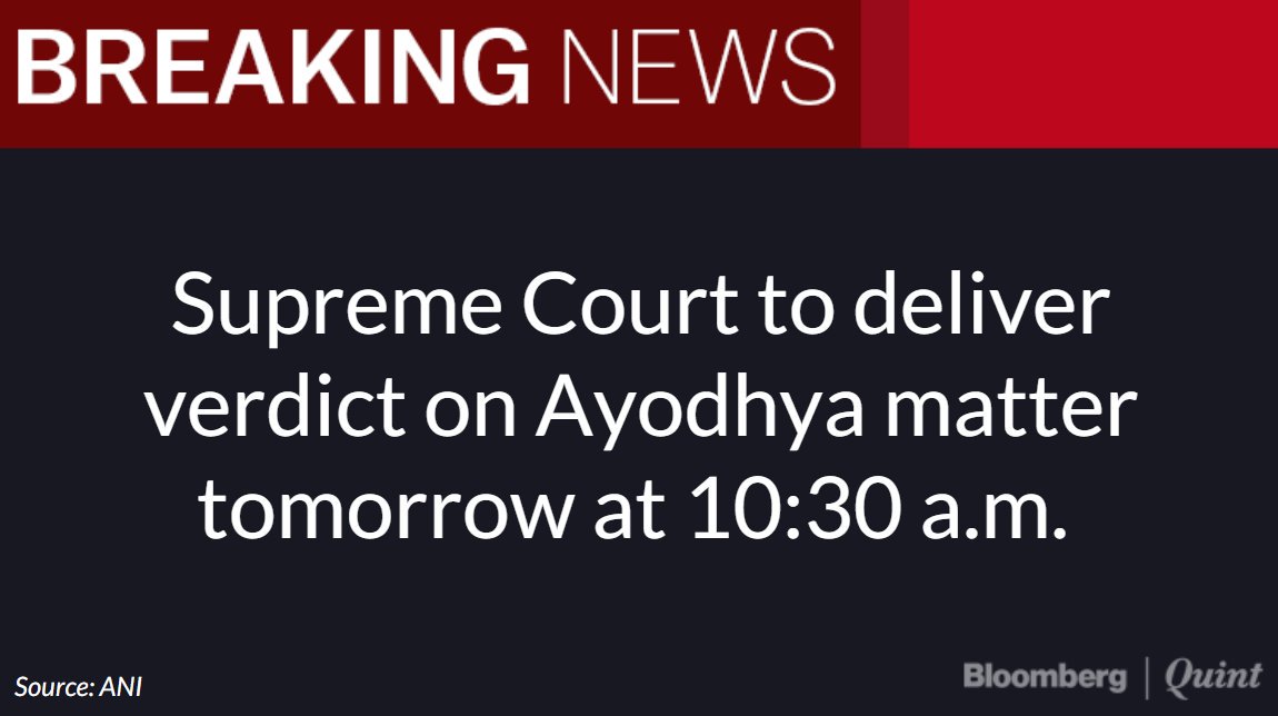 NDTVProfitIndia's tweet photo. Supreme Court to pronounce verdict in #AyodhyaCase on Saturday at 10:30 a.m. #AYODHYAVERDICT https://t.co/lrEqOzH6xo