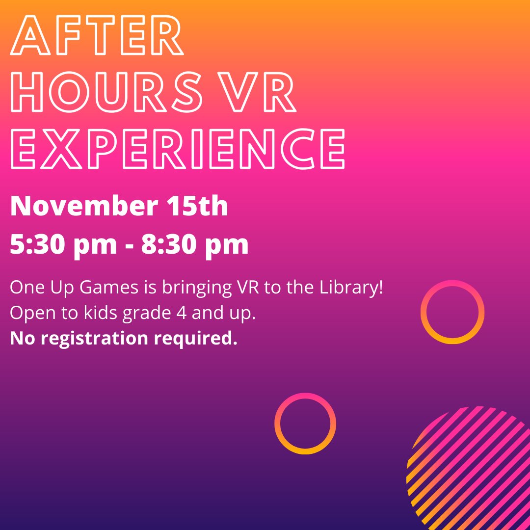 CovPubLib's tweet image. Join us next Friday to get some hands-on time with the latest in personal virtual reality technology courtesy of @OneUpGamer! Kids grades 4 and up welcome.  #CovPubLib
