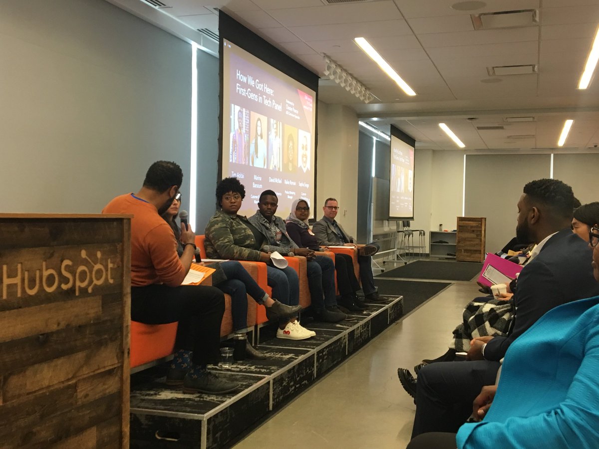 HubSpotDev's tweet photo. We're so excited for #FirstGensInTech today! Kicking things off with a panel of @HubSpot team members discussing what being #FirstGen means to them and how they've made their careers in tech. #hubspotlife https://t.co/C7Ack0L7xE